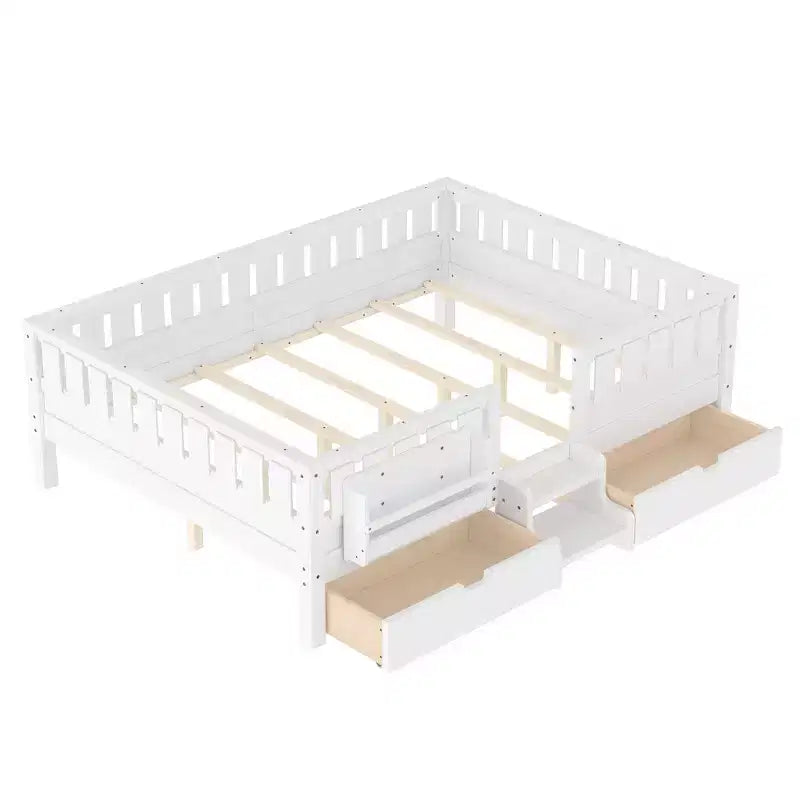 Bellemave Queen-Size-Kleinkindbett mit 14 Sicherheitsgeländern, platzsparender Bettrahmen mit integrierten Bücherregalen & 2 Schubladen unter dem Bett