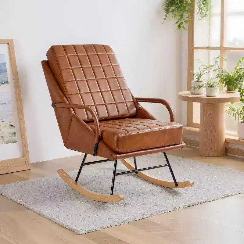 VECELO Polster-Schaukelstuhl aus Kunstleder/Teddy-Stoff, moderner Lounge-Schaukelsessel mit verstellbarer Rückenlehne, gepolsterter Sitzfläche und sicherem Gestell aus Massivholz, Weiß/Braun