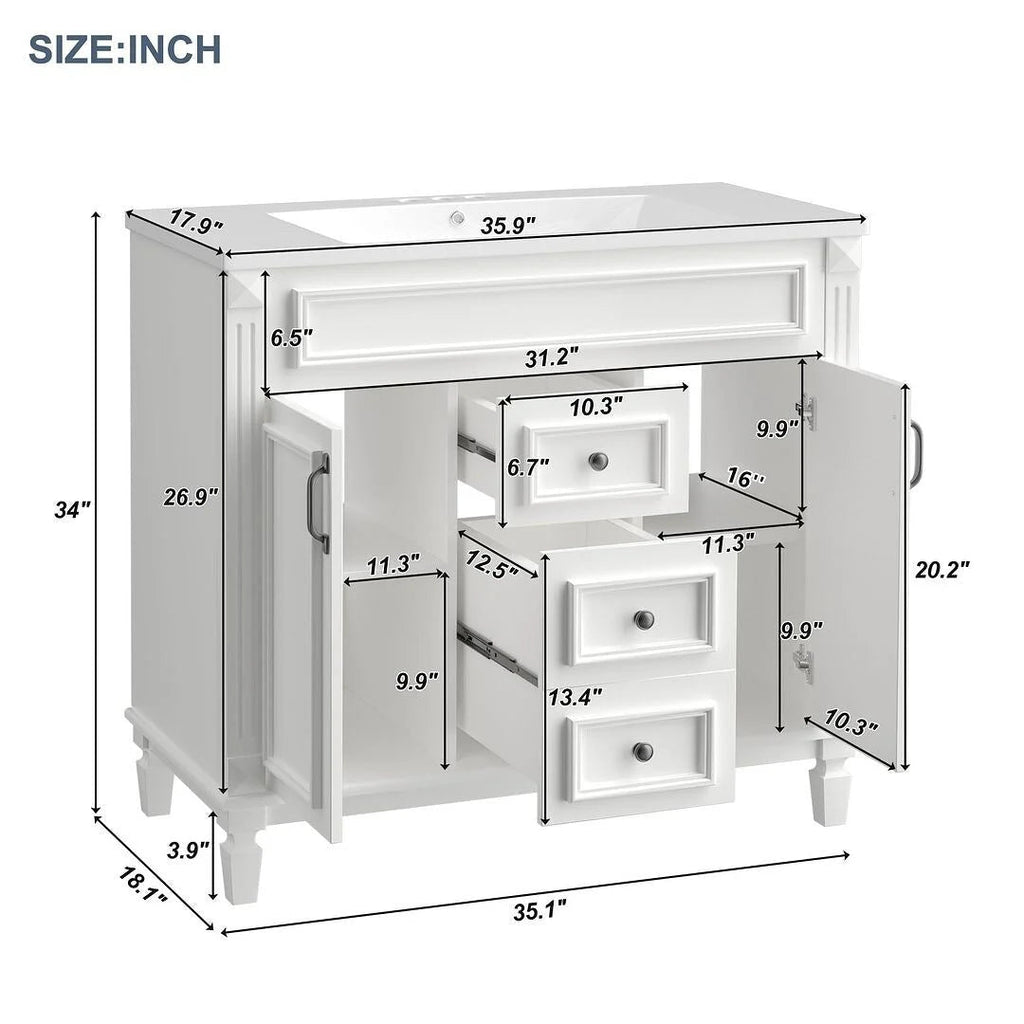 36" Moderner Badezimmer-Waschtisch mit Aufsatzwaschbecken und Spiegelschrank, 2 Türen und 2 Schubladen