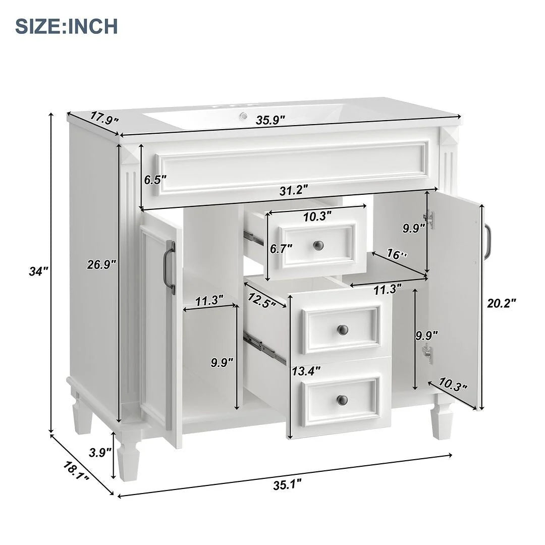 36" Moderner Badezimmer-Waschtisch mit Aufsatzwaschbecken und Spiegelschrank, 2 Türen und 2 Schubladen