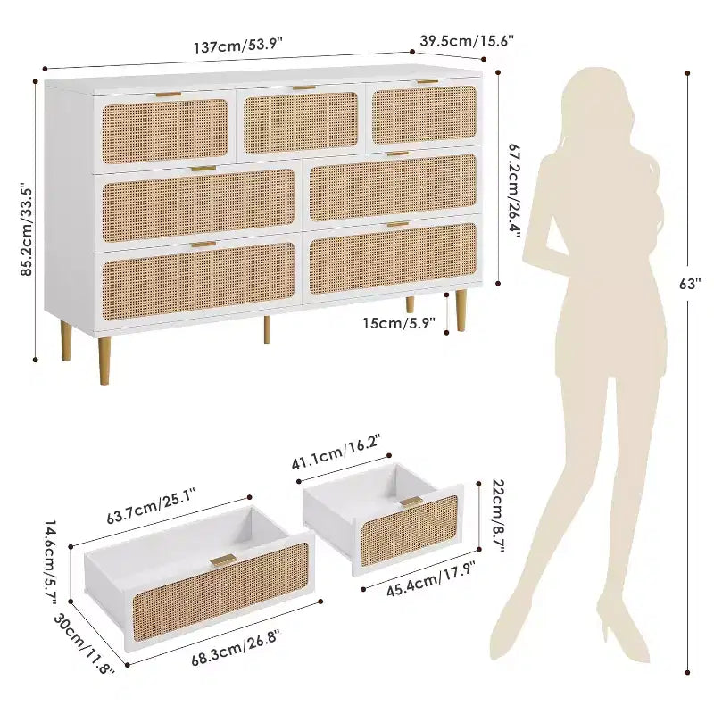 Rattan Kommode mit 7 Schubladen für das Schlafzimmer, hoher Schrank mit tiefen Schubladen, große Kommode für den Kleiderschrank mit breiter Ablagefläche, Holzkommode für das Wohnzimmer