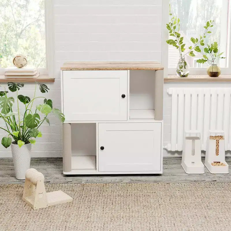 Katzentoiletten-Gehäuse mit zwei Kammern, verstecktes Katzentoiletten-Möbel mit Kratzstämmen und doppellagigen Streumatten für das Zuhause