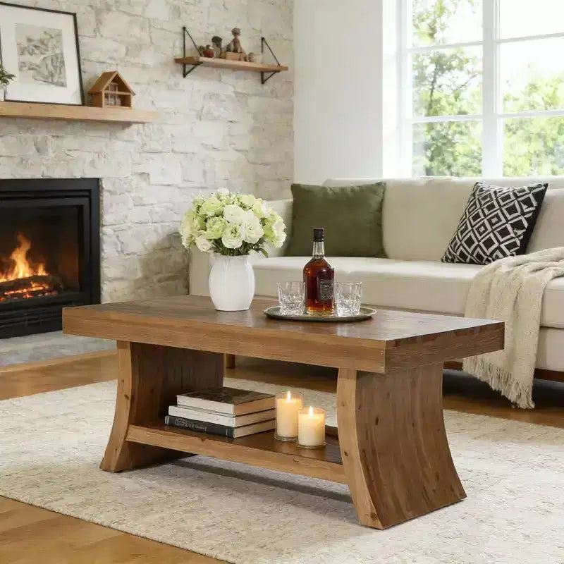 Lantine 119,9 cm Landhaus-Couchtisch mit Ablagefach, Mid-Century moderner Massivholz-Wohnzimmertisch mit geschwungenem Gestell, Walnuss