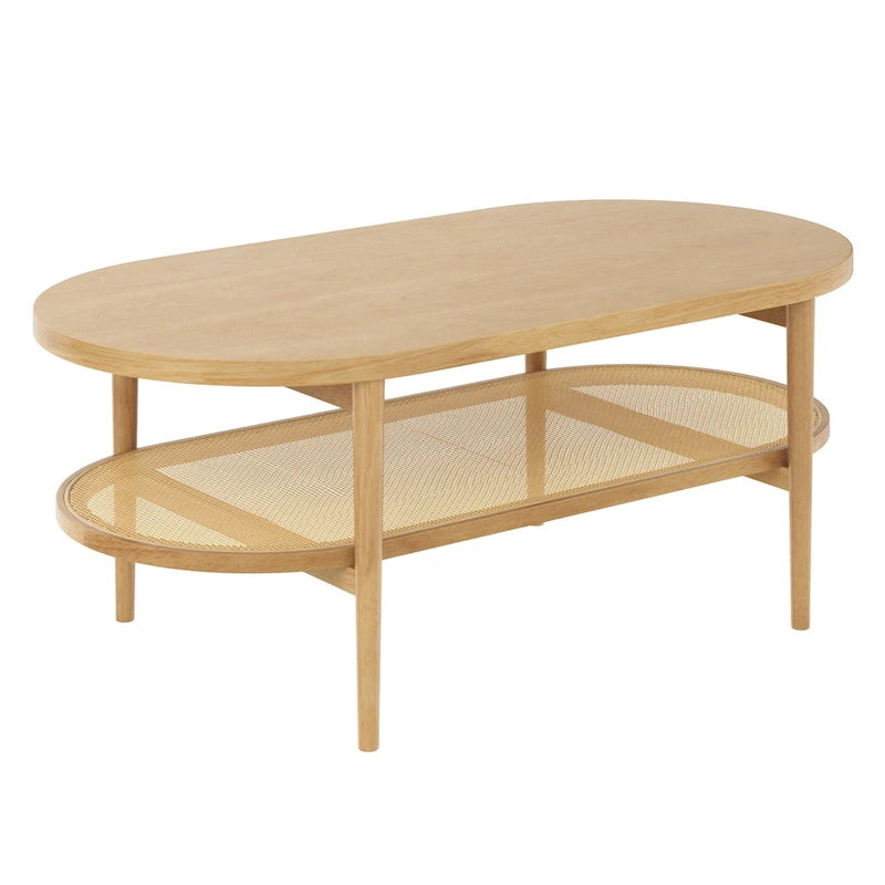 Nathan James Sonia Bohemian Couchtisch mit zwei ovalen Ebenen aus hellem Holz und Ablage aus Rattan