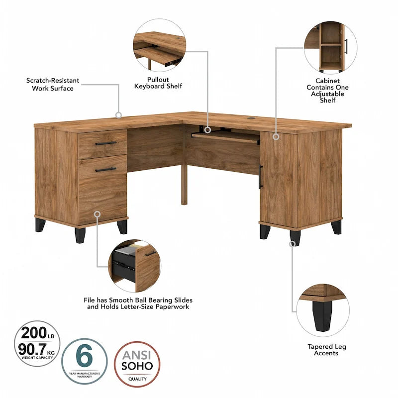 Bush Furniture Somerset 60 Zoll breiter L-förmiger Schreibtisch mit Aufsatzregal und Stauraum