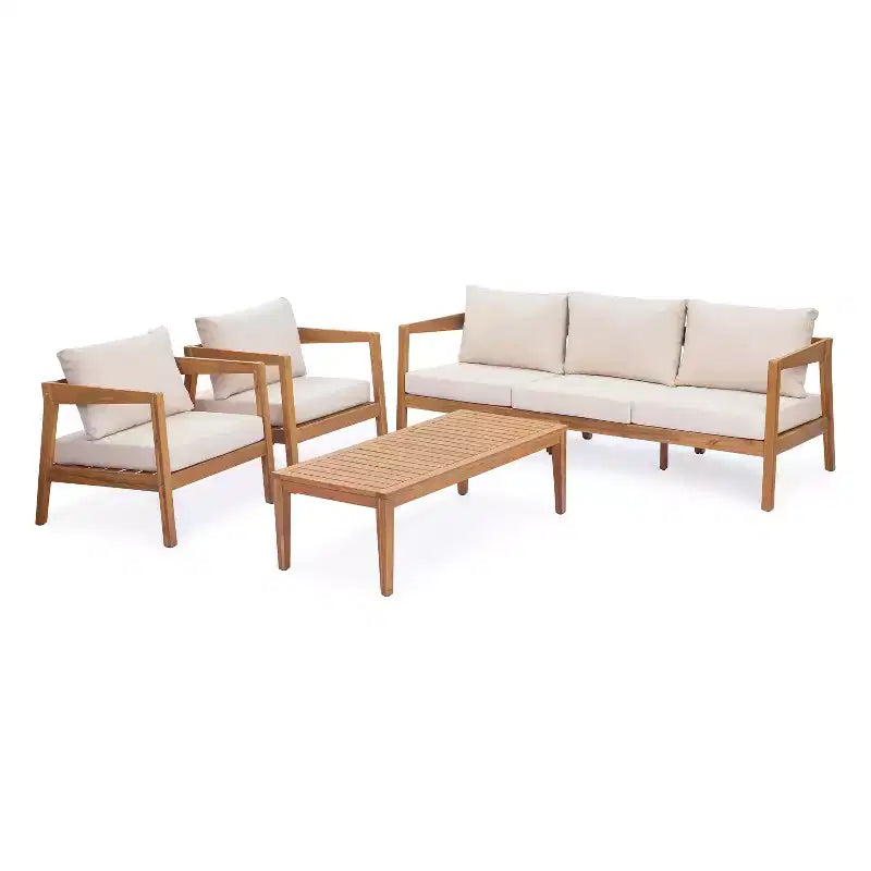 ModernLuxe 4/5-teiliges Akazienholz-Terrassenmöbel-Sofa-Set, Outdoor-Sitzgruppe mit Couchtisch für Veranda/Garten/Balkon
