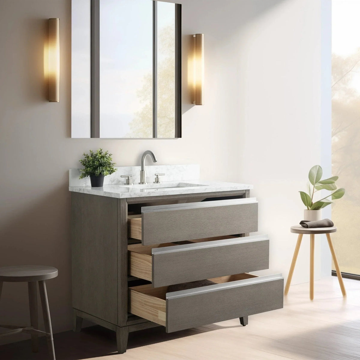 Vanity Art Badezimmerschrank mit Keramikwaschbecken und Platte aus technischem Marmor