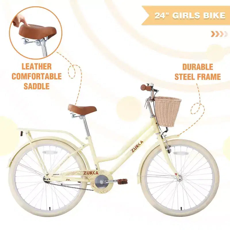 NAYSAYE 24 Zoll Mädchen-Cruiser-Fahrrad, Speed-Hybrid-Citybike für Jugendliche von 7-10+ Jahren mit Weidenkorb & Gepäckträger, Kinderfahrrad
