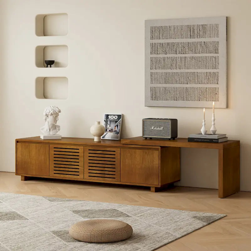 Erweiterbarer Mid-Century TV-Schrank mit 4 Staufächern und Lochtür für Wohnzimmer-Entertainment-Center