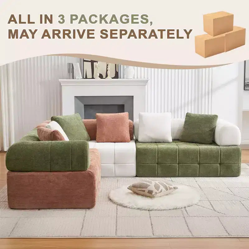 280 cm breites, modulares 4-Sitzer-Sofa aus Chenille im Colorblock-Design mit geschwungenen Armlehnen