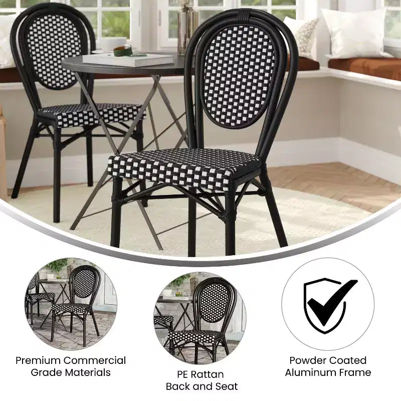 Flash Furniture Lourdes stapelbarer Thonet-Bistrostuhl für den gewerblichen Innen- und Außenbereich, PE-Rattan und Aluminiumgestell
