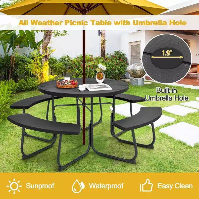 Costway Outdoor 8-Personen-Rund-Picknicktisch-Bank-Set mit 4 Bänken & Sonnenschirmloch Schwarz/Grau/Grün/Weiß