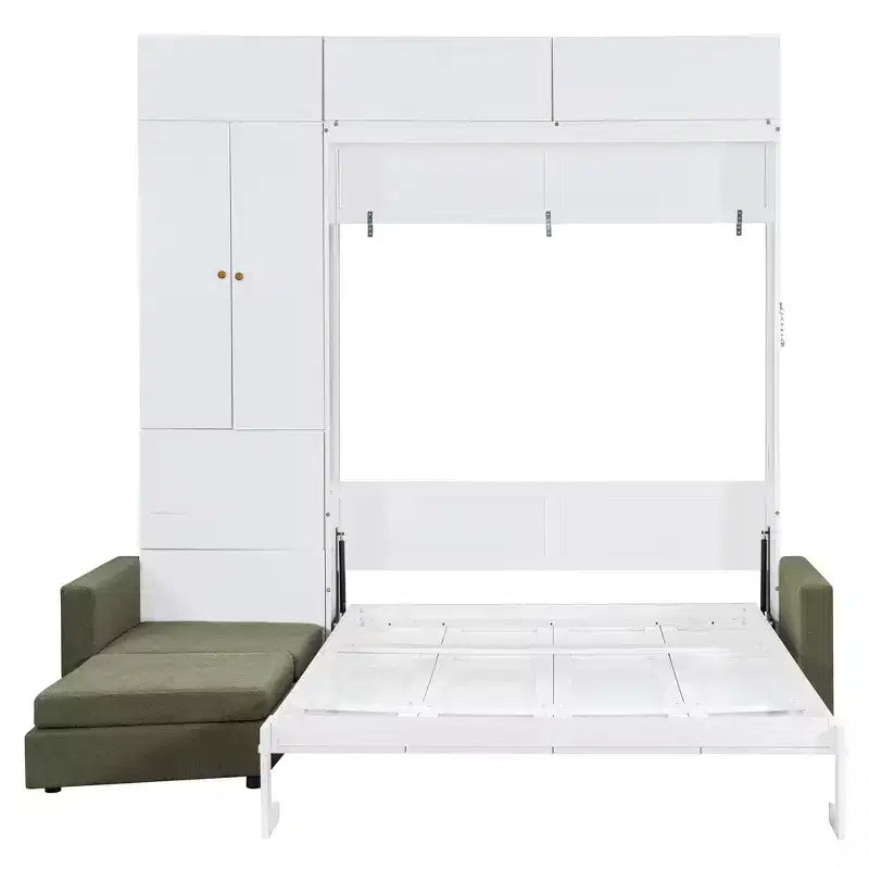 Schrankbett in Queen-Size mit Sofa und Schrank, hölzernes Queen-Size-Schrankbett als Wandbett mit Regalen, klappbares Wand-Schrankbett für Gästezimmer und Büro
