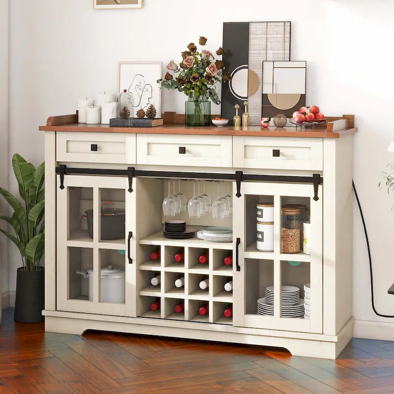 53-Zoll-Buffetschrank im Scheunentor-Stil mit Kaffeebar, Weinregal und Stauraum für die Küche