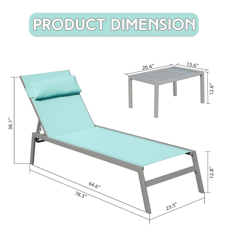 3-teiliges Terrassen-Liegen-Set, Aluminium-Poolliegen mit Beistelltisch, verstellbare wetterfeste Outdoor-Liegestühle