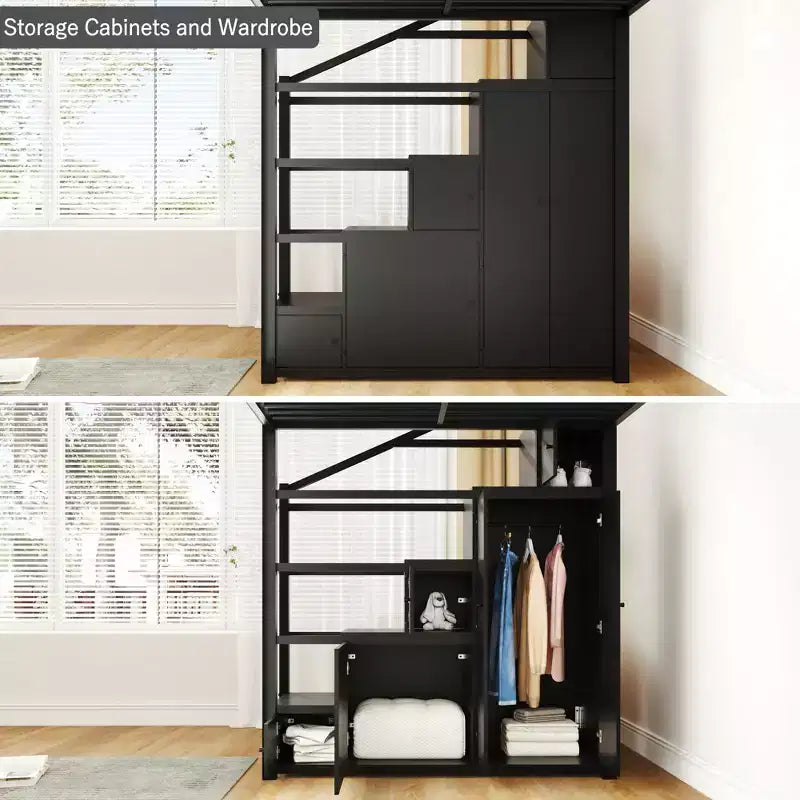 Queen-Size-Metall-Hochbett mit Ablagefächern, Schränken und Kleiderschrank