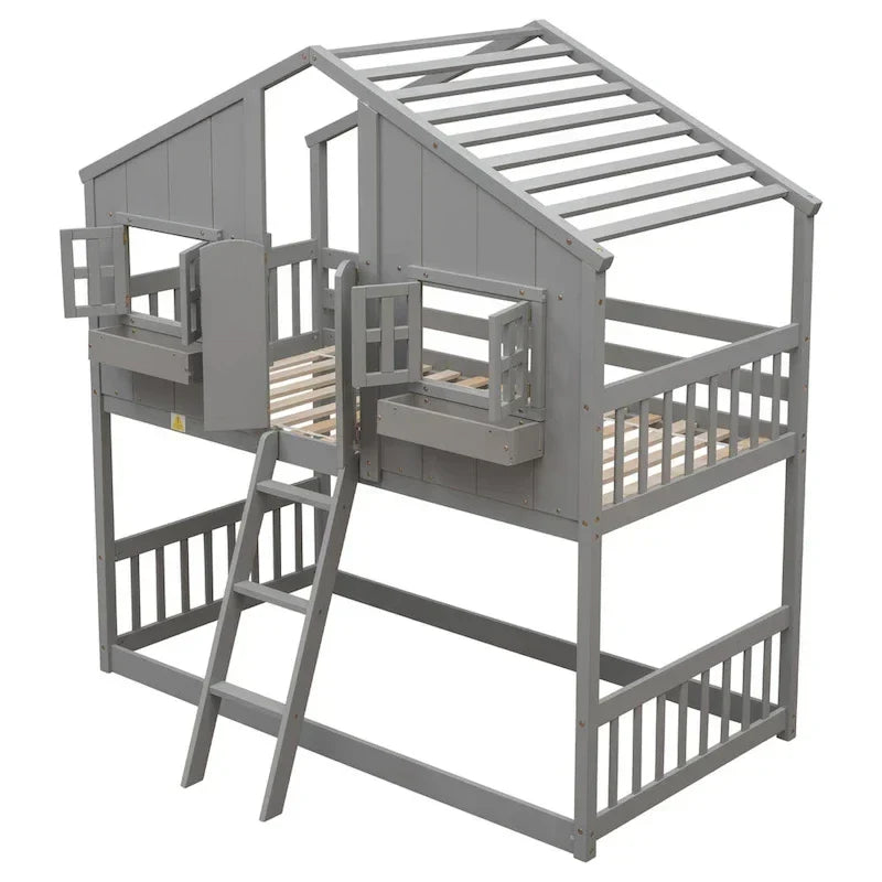 Etagenbett „Haus“ für zwei, mit Dach, Fenster, Blumenkasten und Tür, inklusive Sicherheitsgeländern und Leiter, Grau