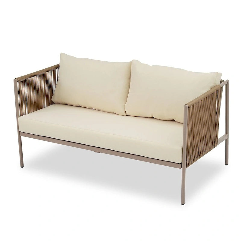 4-teilige Outdoor-Lounge-Garnitur aus Seil für 4 Personen mit Auflagen und Glastisch
