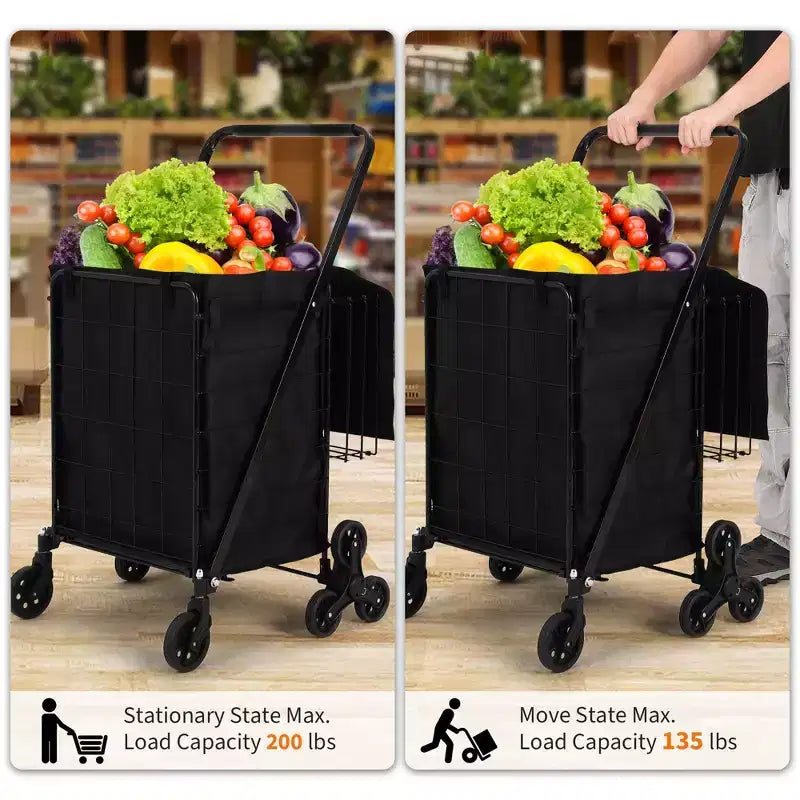 Strapazierfähiger Treppensteiger-Einkaufswagen – 360°-Dreifachräder, wasserdichte Einlage, 61 kg Tragkraft, klappbarer Karbonstahl-Trolley für Wäsche und Lebensmittel