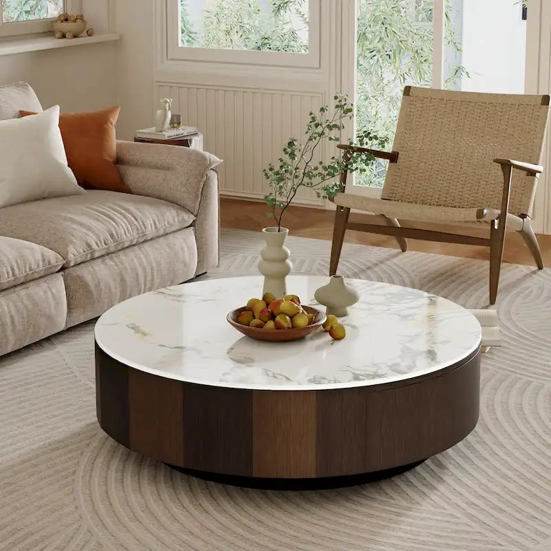 35 Moderner runder Couchtisch in Marmoroptik, Tischplatte aus weißem, glänzendem Sinterstein, Mid-Century-Tisch mit Massivholzschublade