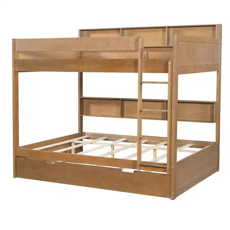 Luxystar modernes Etagenbett mit zwei vollwertigen Liegeflächen, Regalen und Ausziehbett