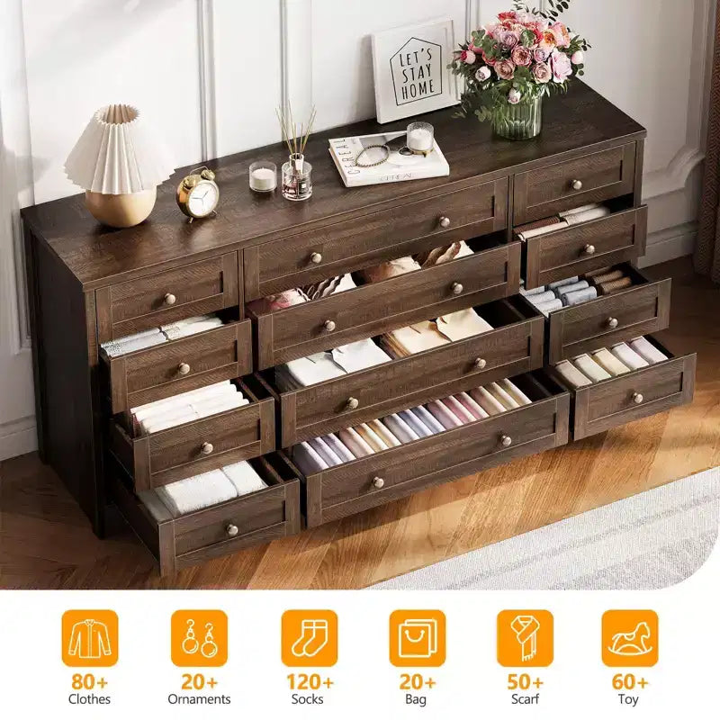 Kommode mit 12 Schubladen für das Schlafzimmer, aus Holz, moderner breiter TV-Ständer für 65-Zoll-Fernseher, Holz-Schubladenkommode, Landhausstil-Kleiderschrank für das Wohnzimmer