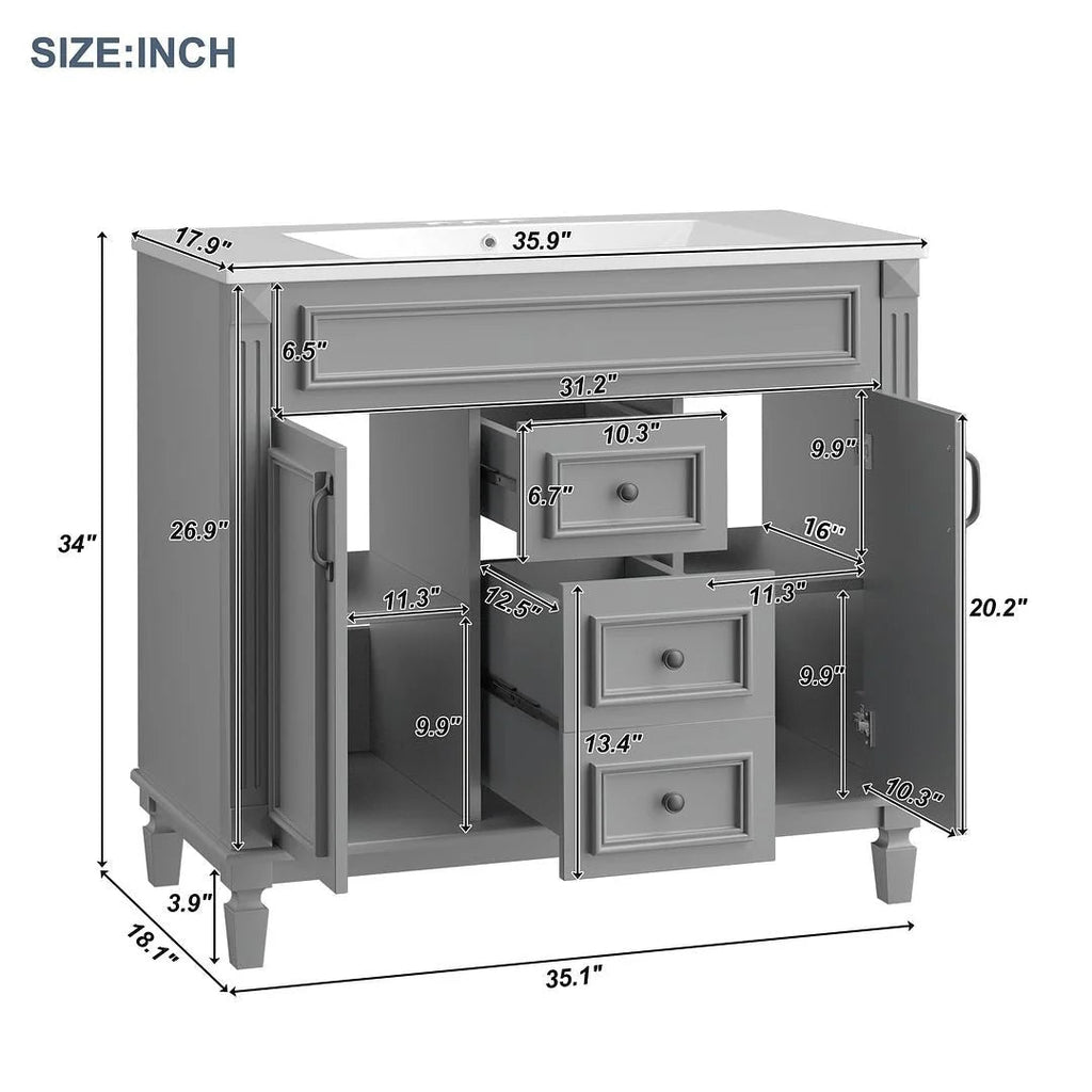 36" Moderner Badezimmer-Waschtisch mit Aufsatzwaschbecken und Spiegelschrank, 2 Türen und 2 Schubladen