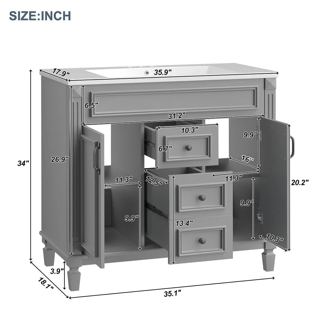 36" Moderner Badezimmer-Waschtisch mit Aufsatzwaschbecken und Spiegelschrank, 2 Türen und 2 Schubladen