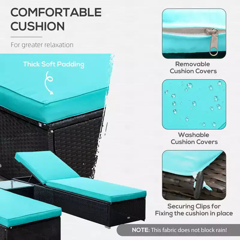 Set aus 2 Sonnenliegen mit 5-fach verstellbarer Rückenlehne, Outdoor-Couchtisch, wasserabweisenden Polstern und PE-Rattan-Geflecht für den Poolbereich