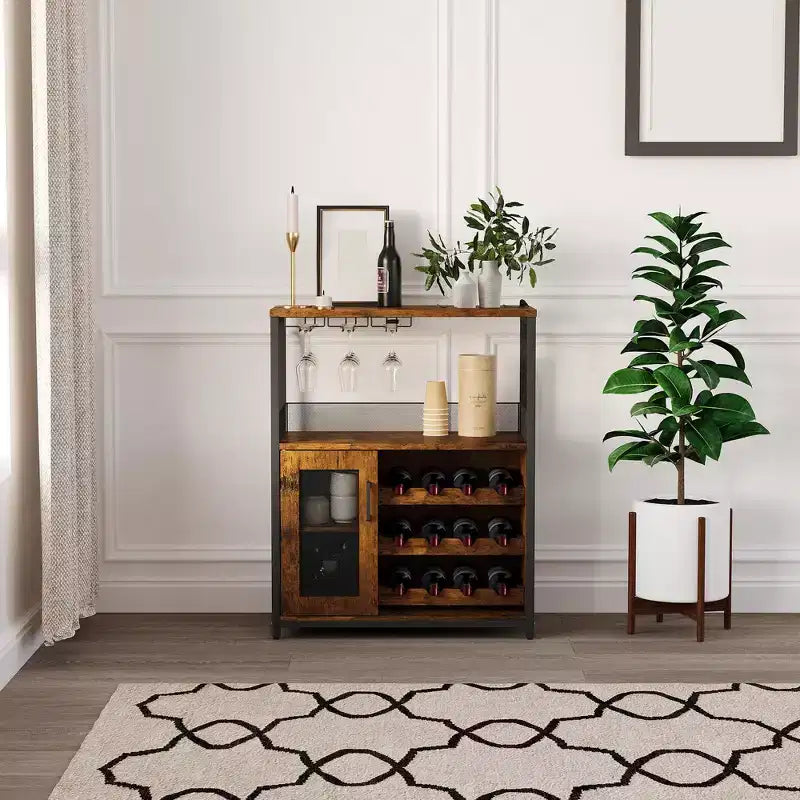 Grauer 3-stöckiger industrieller Weinbarschrank (12+ Flaschen), 91,4 H x 61 B x 38,1 T cm, abnehmbares Regal, 9 Glashalter & verstellbare Einlegeböden für Zuhause/Bar