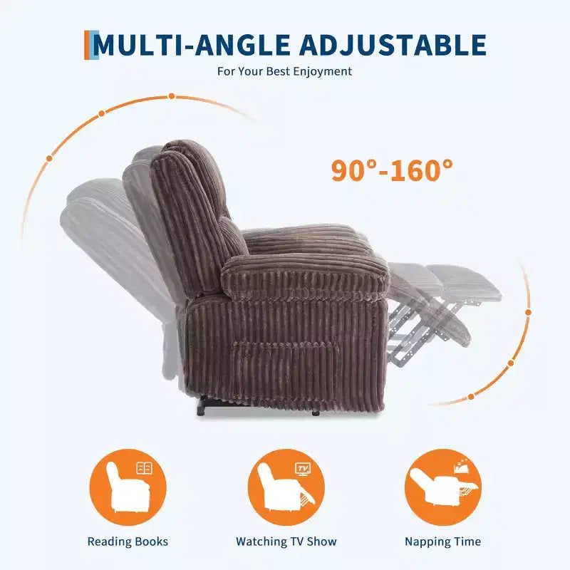 Kordsessel, manueller Relaxsessel mit Hebel, gepolsterte Armlehnen, dicke Polsterung, Seitentasche, Wohnzimmer, Schlafzimmer, Heimkino, Dunkelgrau