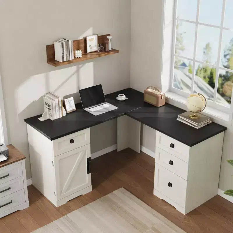 60 Zoll L-förmiger Executive-Schreibtisch im Landhausstil, Eck-Schreibtisch für das Home-Office mit Aktenschublade, Aufbewahrungsschrank & verstellbarem Fachboden