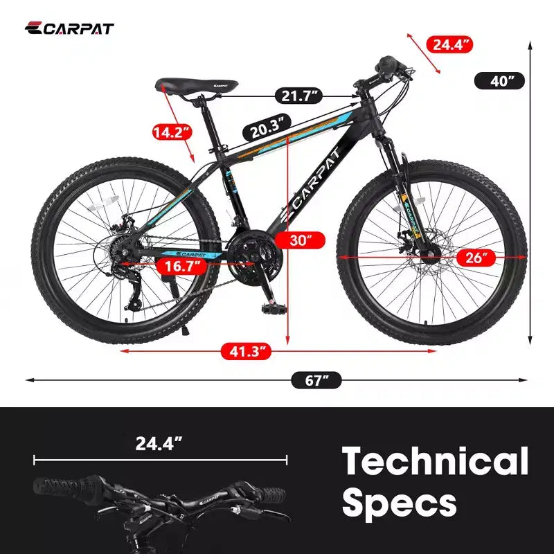 Okak 26 Zoll Mountainbike mit 21 Gängen und Scheibenbremsen, Kinder-Dirtbike mit Rahmen aus kohlenstoffreichem Stahl, Herrenfahrrad für Erwachsene & Jugendliche