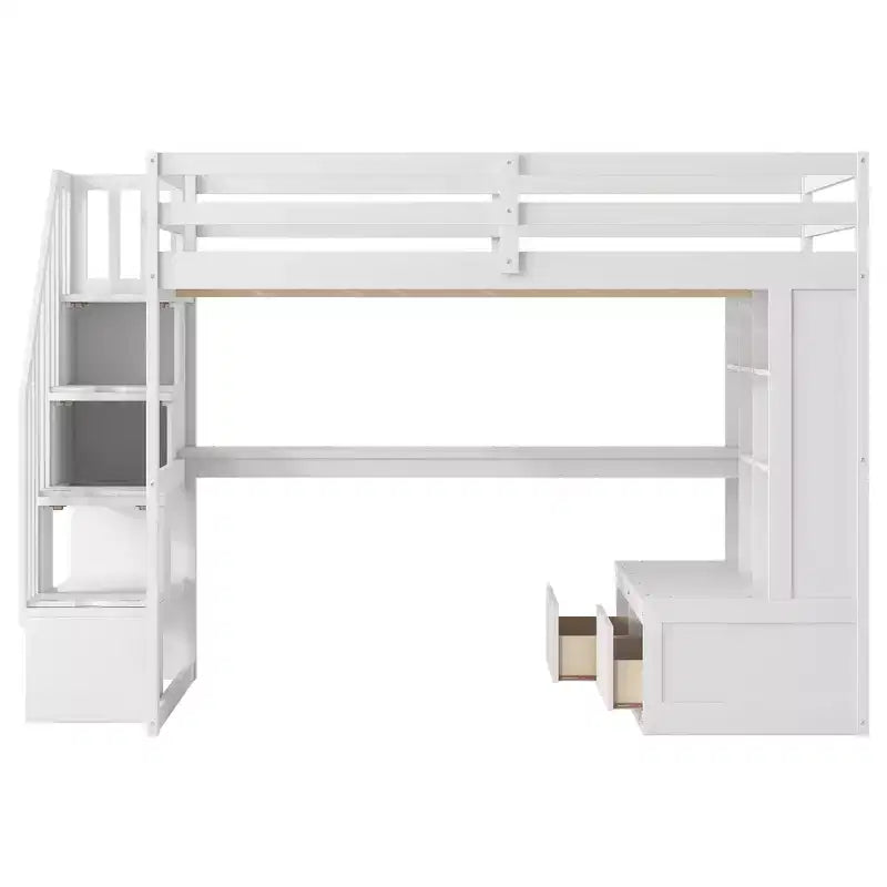 Full-Size-Hochbett mit Treppe und Schreibtisch, Hochbettgestell aus Holz mit Staufächern und Bücherregalen für Erwachsene, Teenager und Kinder
