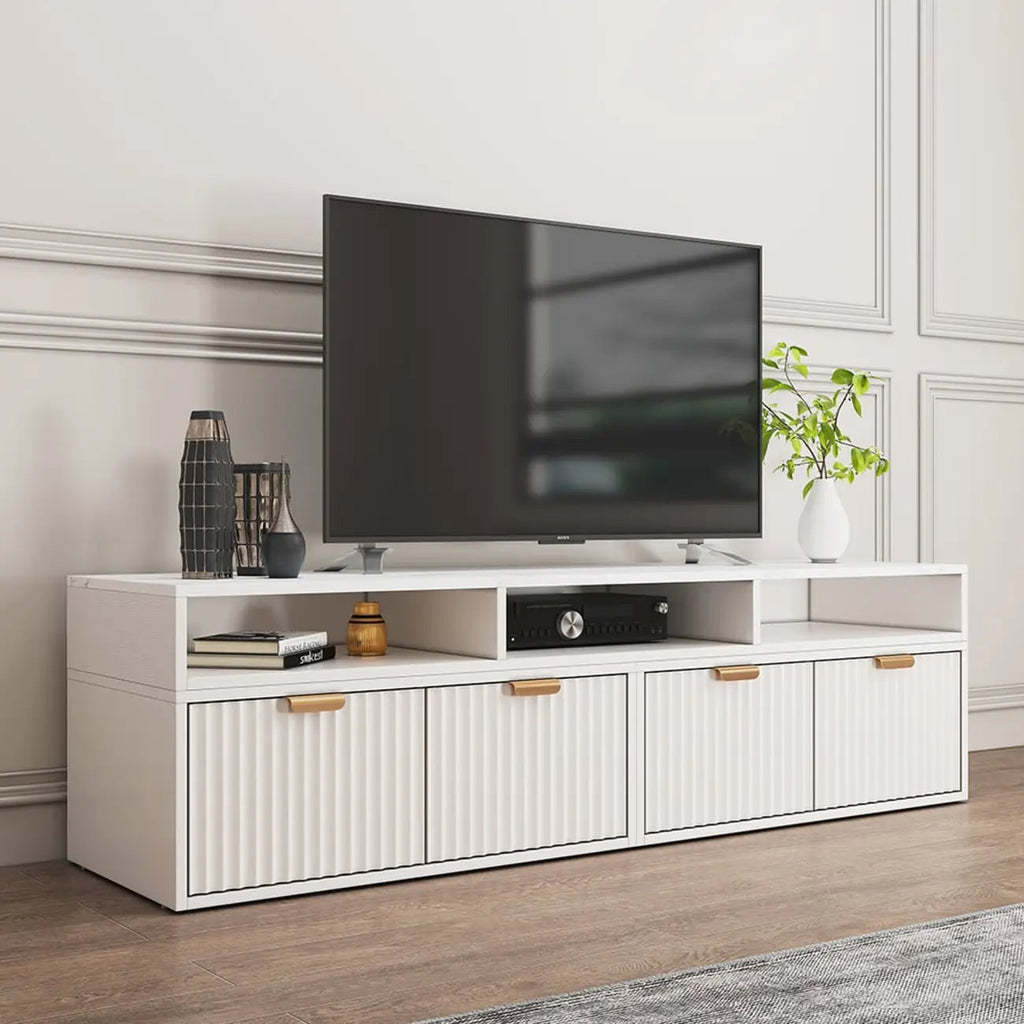 Moderner, weißer TV-Eckschrank mit 2 Schubladen und offenem Stauraum