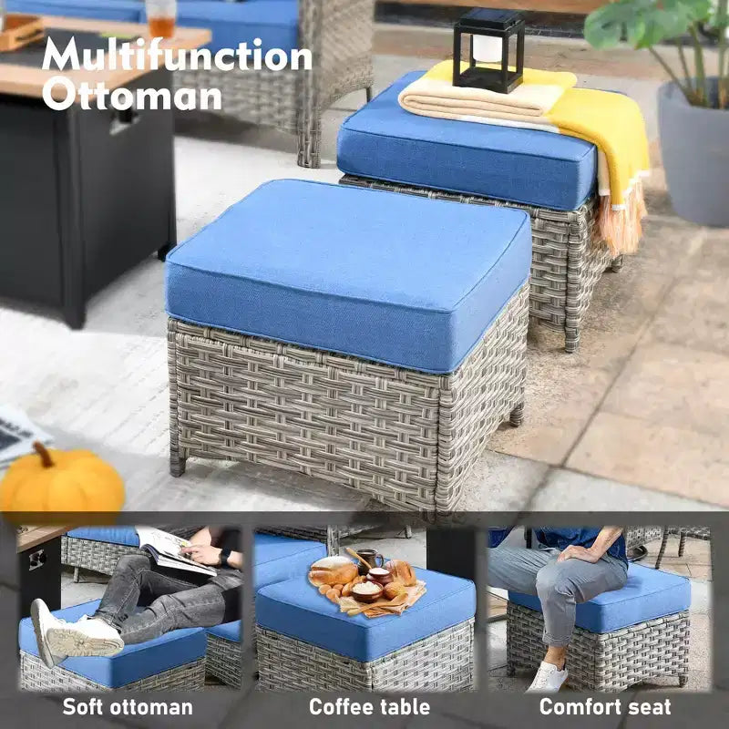 HOMLUX 6-teiliges Terrassen-Loungeset aus Polyrattan mit 3-Sitzer-Sofa und Polstern, Rattanstühlen, Hockern und Couchtisch