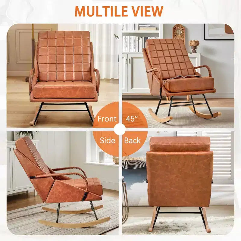 VECELO Polster-Schaukelstuhl aus Kunstleder/Teddy-Stoff, moderner Lounge-Schaukelsessel mit verstellbarer Rückenlehne, gepolsterter Sitzfläche und sicherem Gestell aus Massivholz, Weiß/Braun