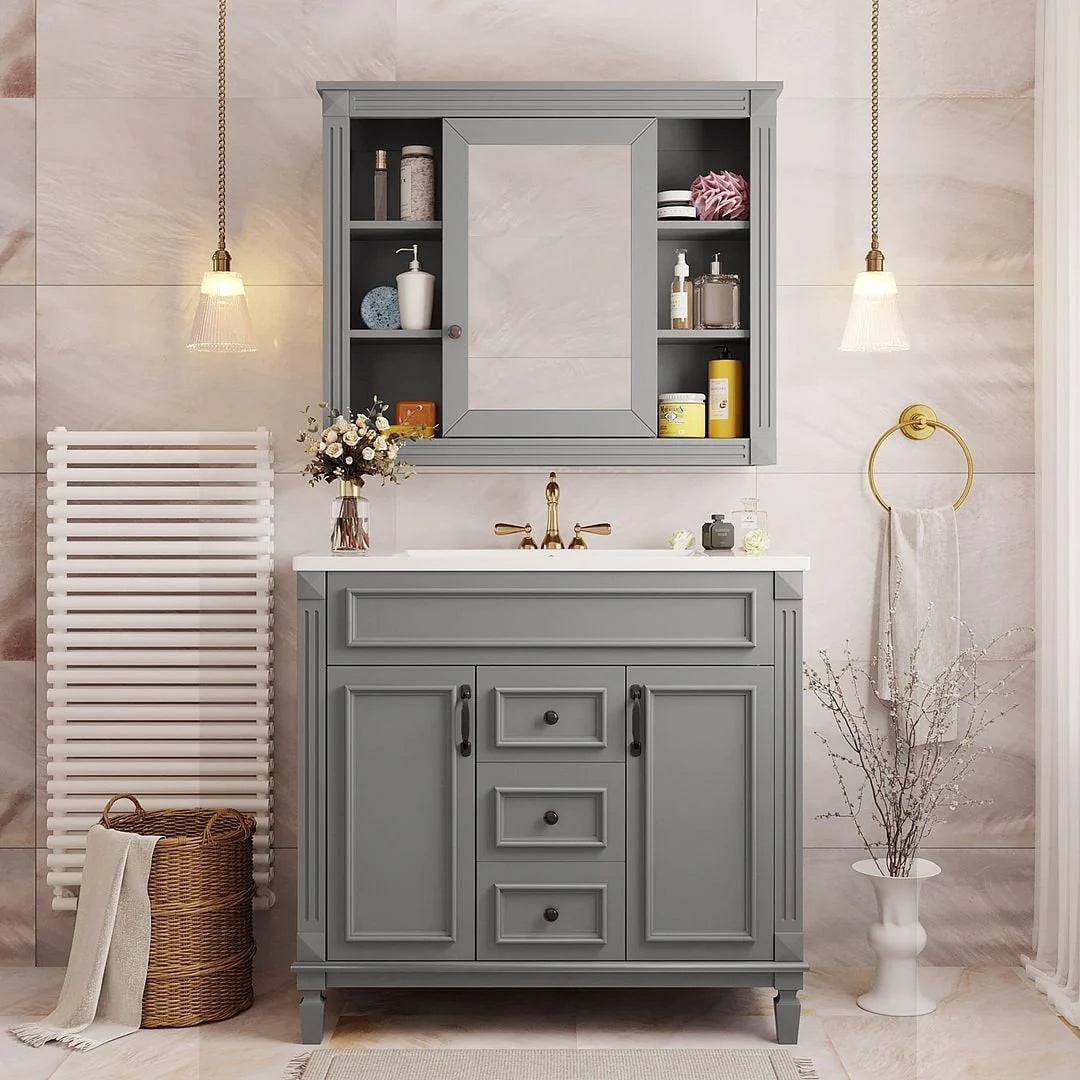36" Moderner Badezimmer-Waschtisch mit Aufsatzwaschbecken und Spiegelschrank, 2 Türen und 2 Schubladen