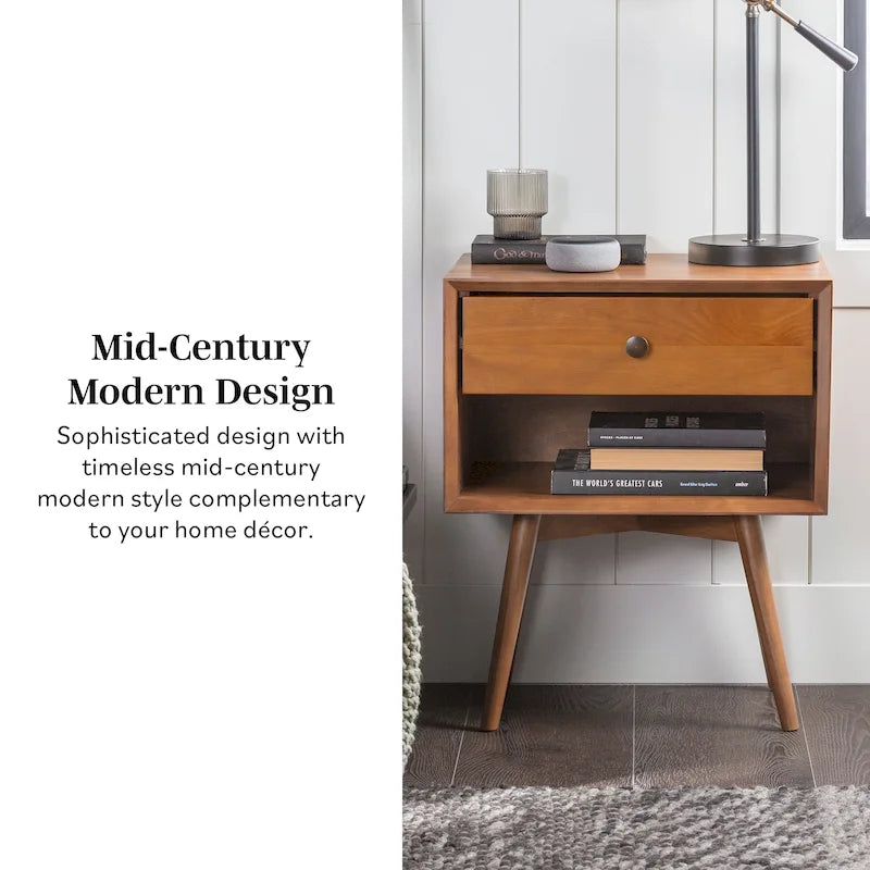 2er-Set Mid-Century Nachttische aus Massivholz mit 1 Schublade, Beistelltische fürs Schlafzimmer