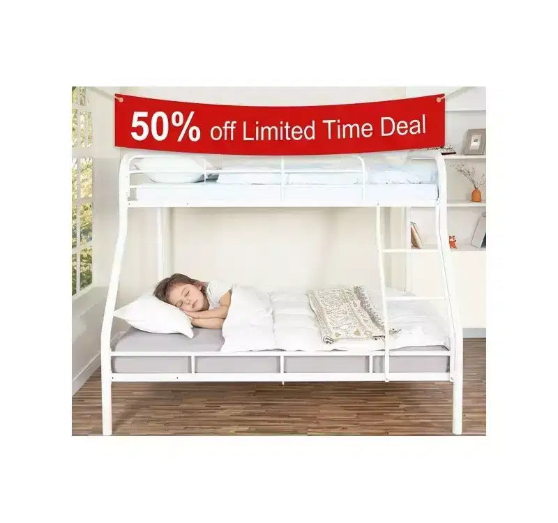 Vollmetall-Etagenbett mit niedrigem Sicherheitsdesign, Absturzsicherung, schräger Leiter und Stauraum unter dem Bett