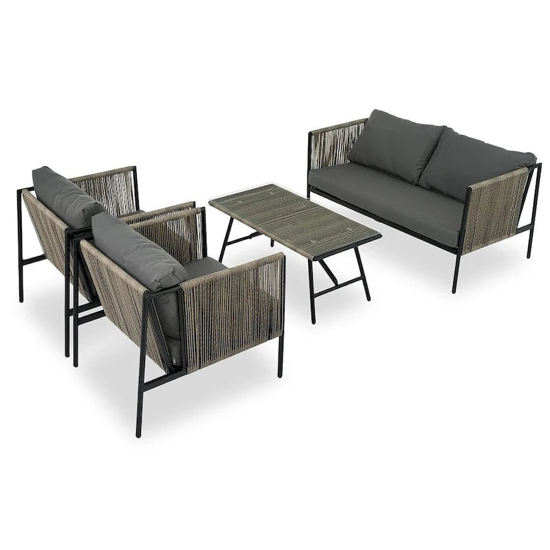 4-teilige Outdoor-Lounge-Garnitur aus Seil für 4 Personen mit Auflagen und Glastisch