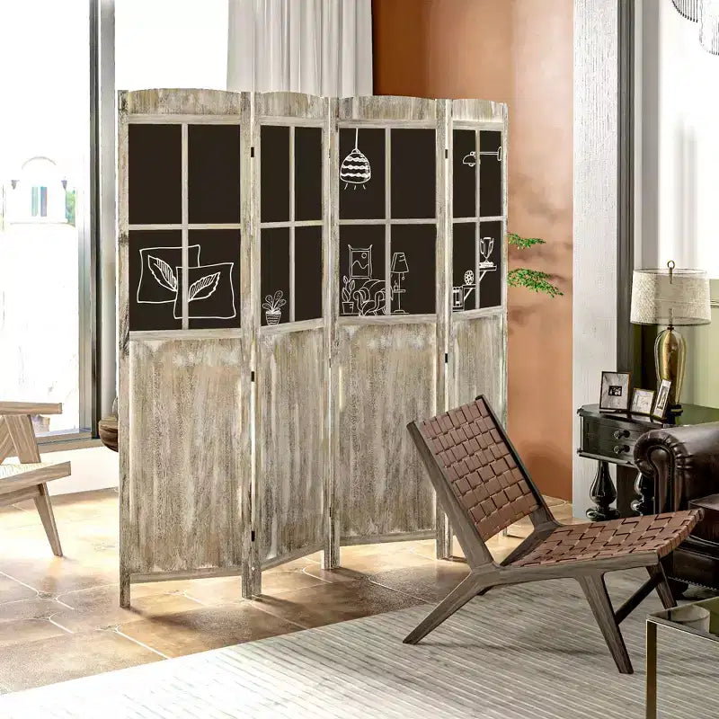 HOMCOM 170 cm hoher, 4-teiliger Raumteiler im Landhausstil, klappbarer Sichtschutz aus Holz, Natur