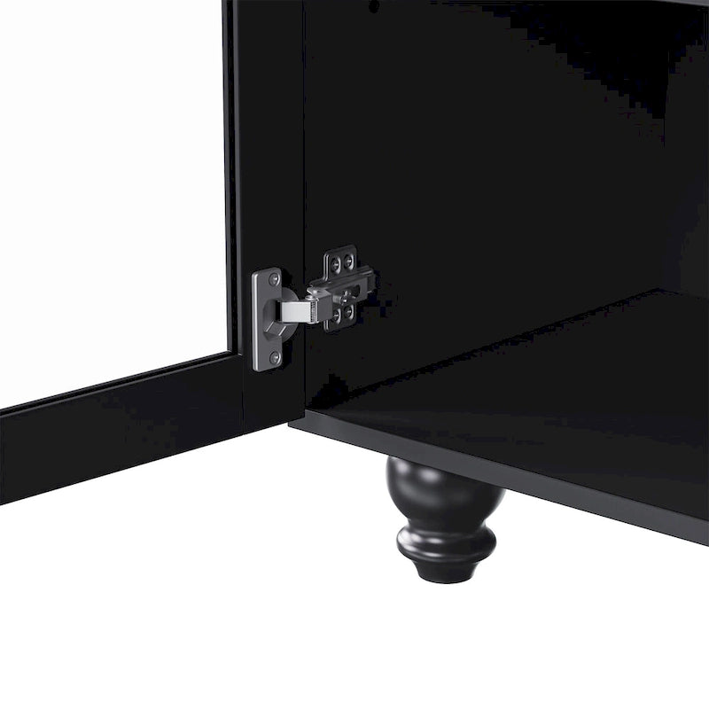 Schwarzes Entertainment-Center im Landhausstil mit dunklem Walnussholz, Bücherregalen und Türen aus gehärtetem Glas für Fernseher bis 70 Zoll