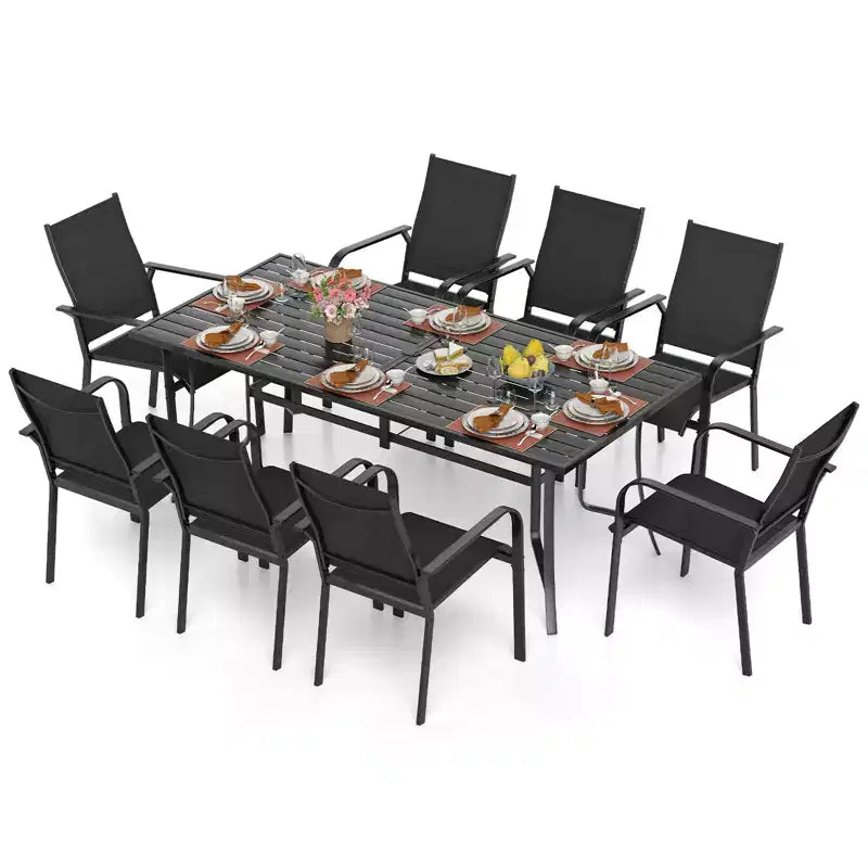Gymax 9-teilige Terrassen-Essgruppe mit rechteckigem Tisch und stapelbaren Stühlen mit Schirmloch