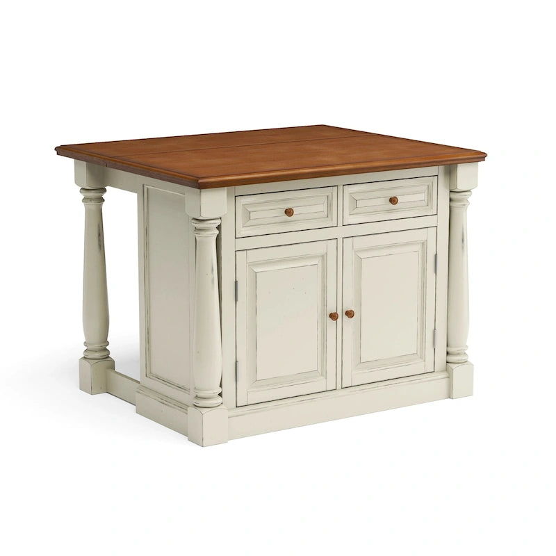 Homestyles Monarch 3-teiliges Kücheninsel-Set aus cremeweißem Holz mit ausklappbarer Holzplatte – 48 x 25 x 36