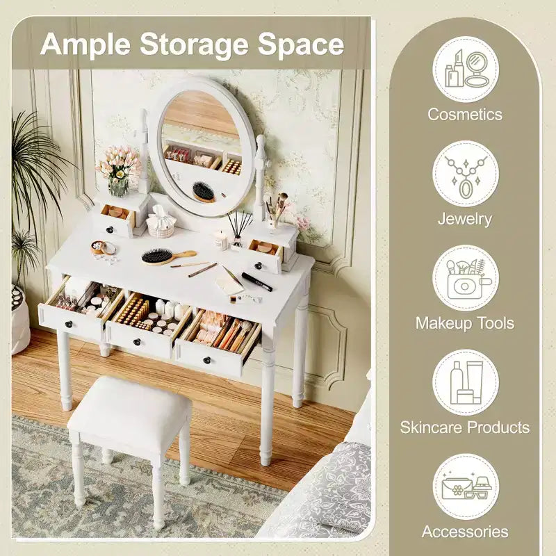 Okak Vintage Holzkosmetiktisch mit verstellbarem Spiegel, Schminktisch mit 5 Schubladen und gepolstertem Hocker, Frisiertisch für das Schlafzimmer