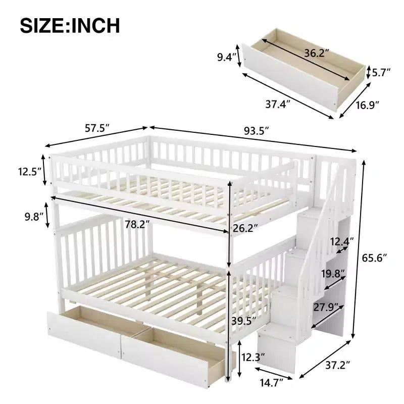 Etagenbett mit zwei großen Liegeflächen, zwei Schubladen und Ablagefächern – für Kinder, Jugendliche und Erwachsene – fürs Schlafzimmer