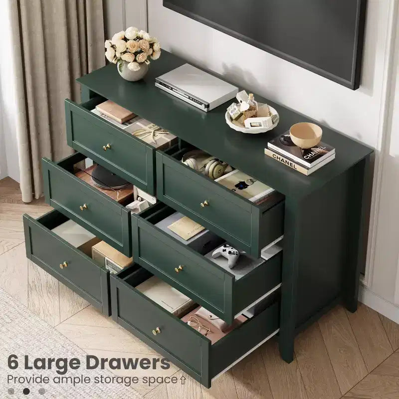 Kommode mit 6 Schubladen für das Schlafzimmer, große Kommode mit tiefen Schubladen & Metallknöpfen, modernes Holzschubladenelement für Eingangsbereich, Flur