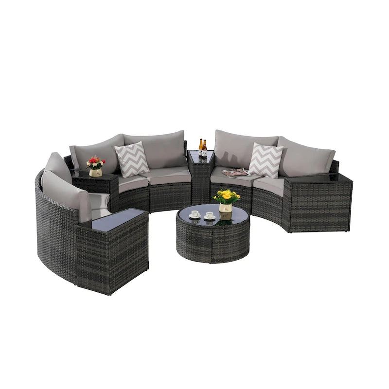 11-teiliges modulares Outdoor-Sofa-Set mit halbrunden Elementen, Couchtisch aus gehärtetem Glas und 4 Beistelltischen