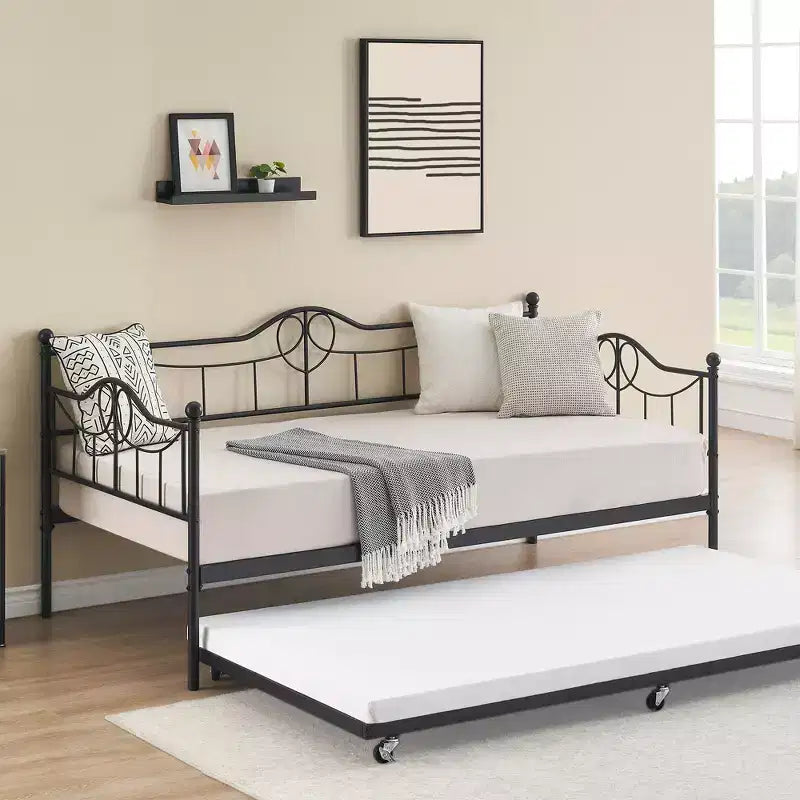 Tagesbett mit Ausziehbett, Metall-Tagesbett mit Gästebett, Tagesbett mit Ausziehbarem Bettrahmen, Sofa mit Stahl-Lattenrost für Kinder, Jugendliche und Erwachsene